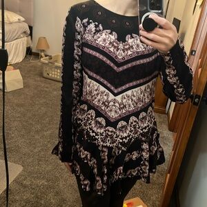 Free People Smooth Talker Tunic Top Floral Long Sleeve Open Back Black Women's M